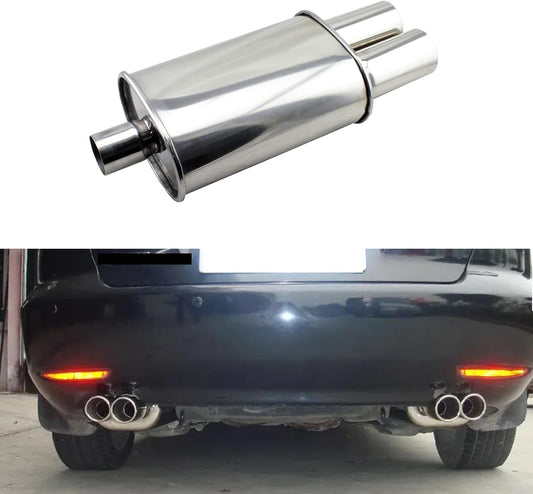 Automobiles Exhaust Muffler Krtopo 2.5 Inch (63MM) Single Inlet/3 Inch (73MM) Dual Outlet 11.8 Inch (300MM) Body Length Oval Double Ended Welding Stainless Steel