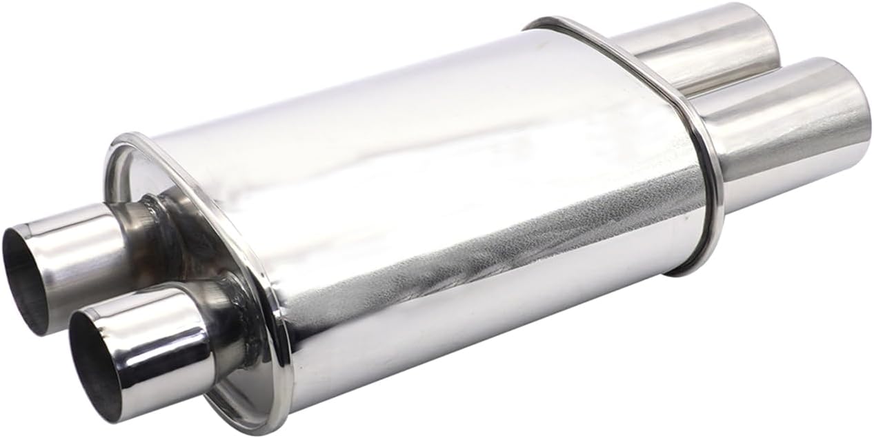 Exhaust Muffler 2.5 Inch (63 mm) Dual Inlet/3 Inch (73MM) Dual Outlet Car Muffler 20.9 Inch (530MM) Full Length Stainless Steel Silver