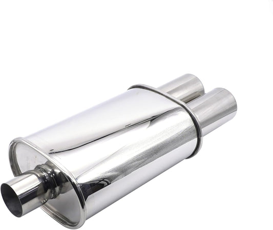 Automobiles Exhaust Muffler Krtopo 2.5 Inch (63MM) Single Inlet/3 Inch (73MM) Dual Outlet 11.8 Inch (300MM) Body Length Oval Double Ended Welding Stainless Steel