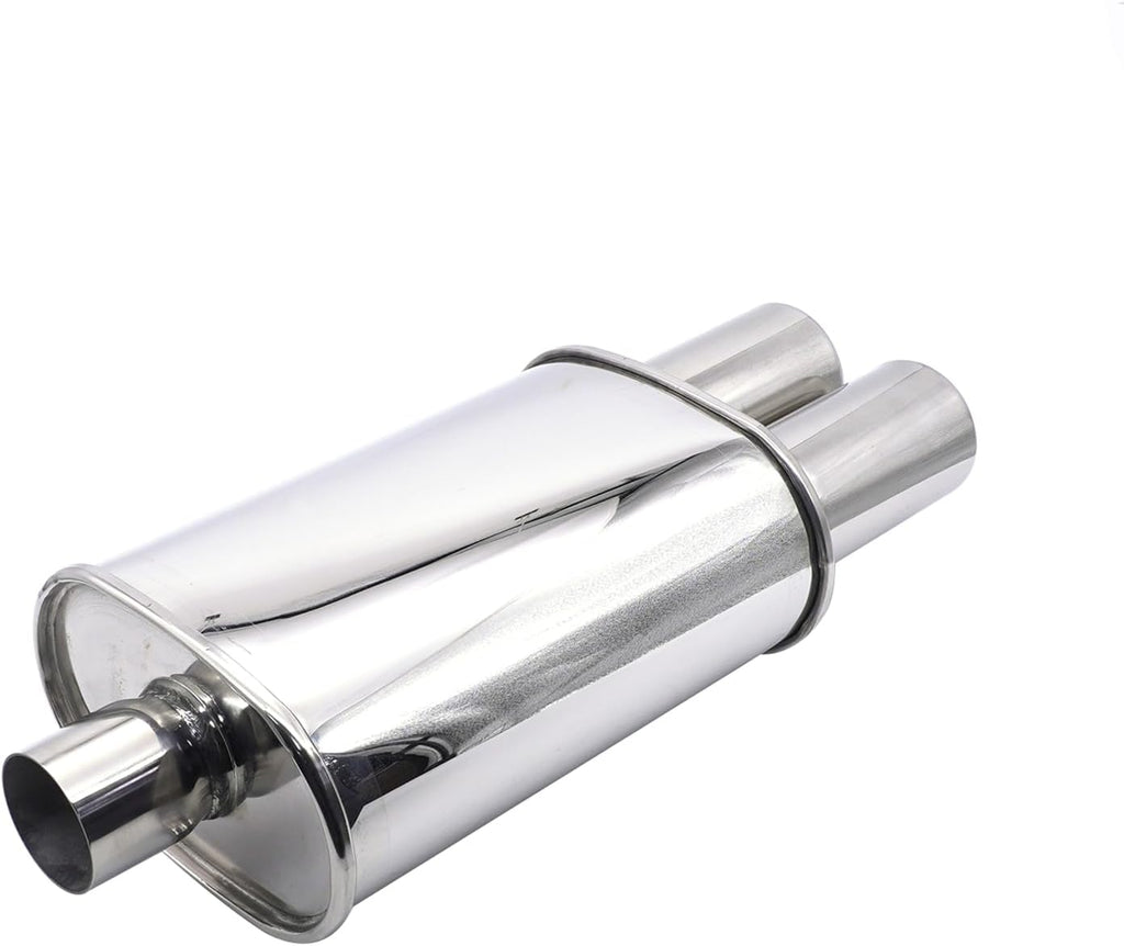 Automobiles Exhaust Muffler Krtopo 2.5 Inch (63MM) Single Inlet/3 Inch (73MM) Dual Outlet 11.8 Inch (300MM) Body Length Oval Double Ended Welding Stainless Steel