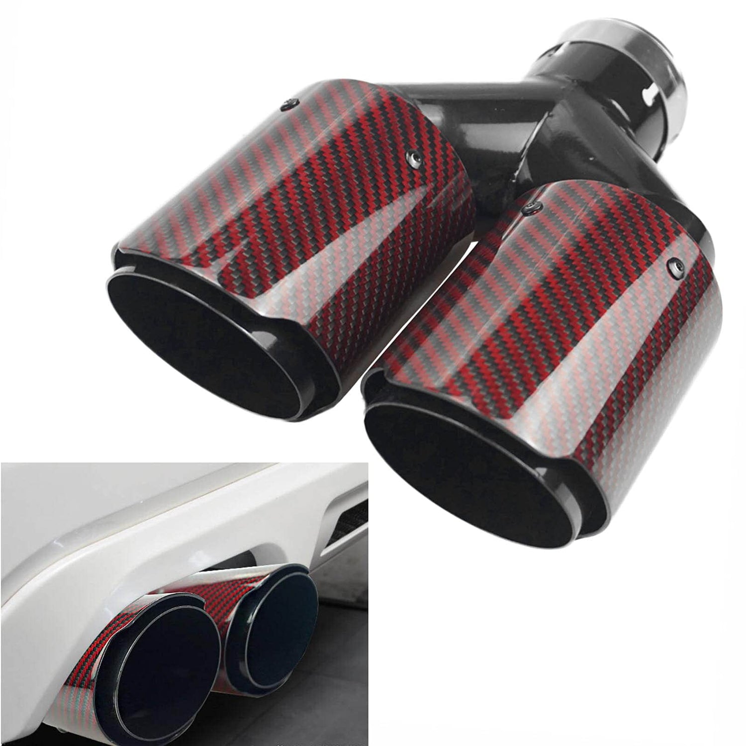 63mm Dual Muffler Tip Carbon Fiber Car Exhaust Pipe Tail Rear Tip Throat Tail (2PCS-Silver Shiny Black)