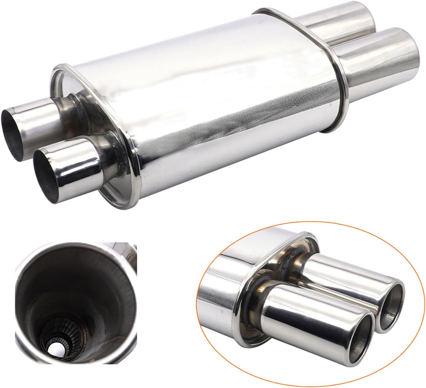 Exhaust Muffler 2.5 Inch (63 mm) Dual Inlet/3 Inch (73MM) Dual Outlet Car Muffler 20.9 Inch (530MM) Full Length Stainless Steel Silver