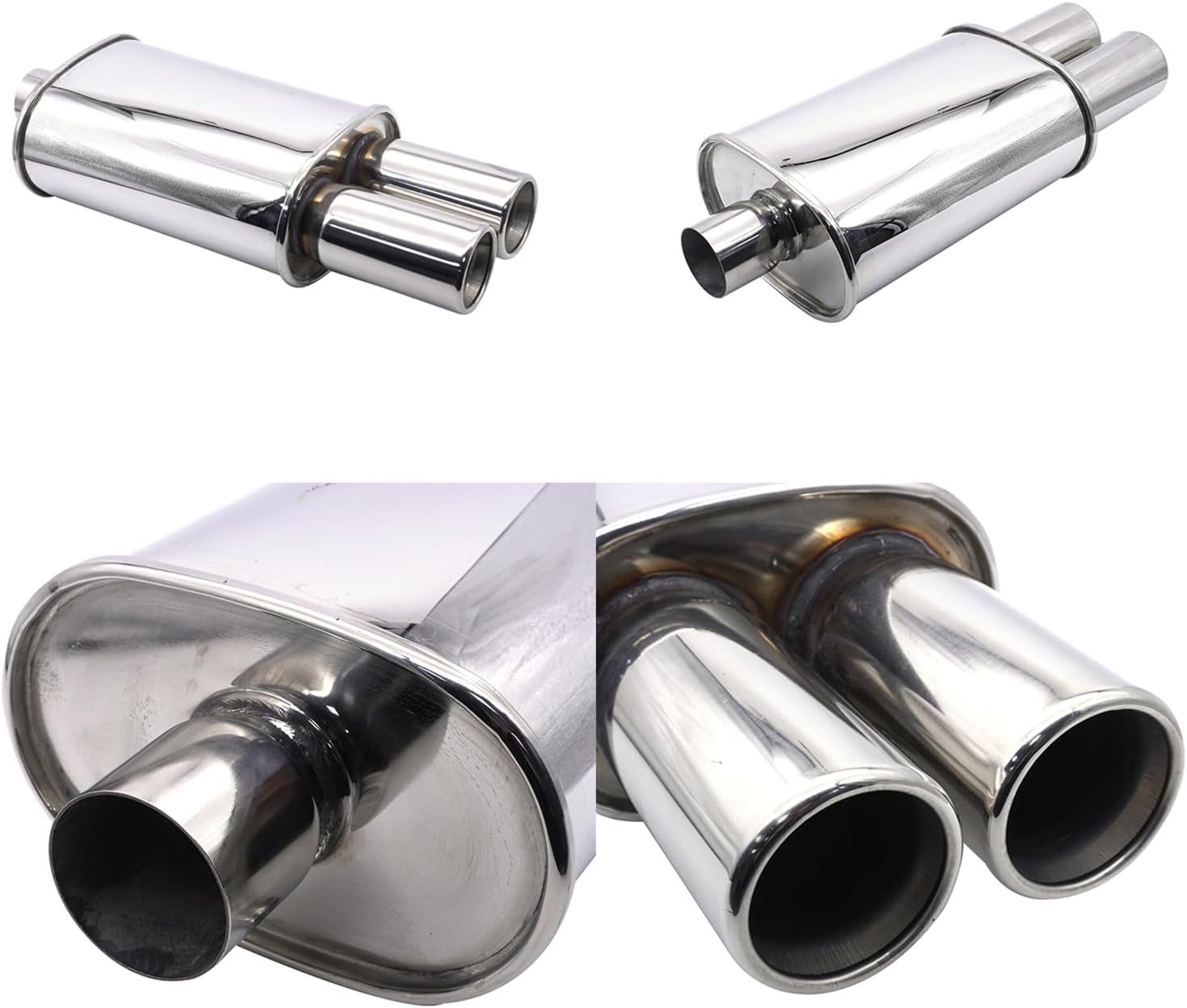Automobiles Exhaust Muffler Krtopo 2.5 Inch (63MM) Single Inlet/3 Inch (73MM) Dual Outlet 11.8 Inch (300MM) Body Length Oval Double Ended Welding Stainless Steel