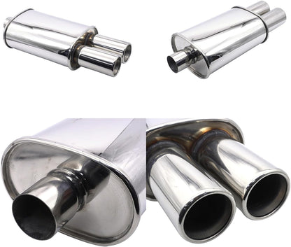 Automobiles Exhaust Muffler Krtopo 2.5 Inch (63MM) Single Inlet/3 Inch (73MM) Dual Outlet 11.8 Inch (300MM) Body Length Oval Double Ended Welding Stainless Steel