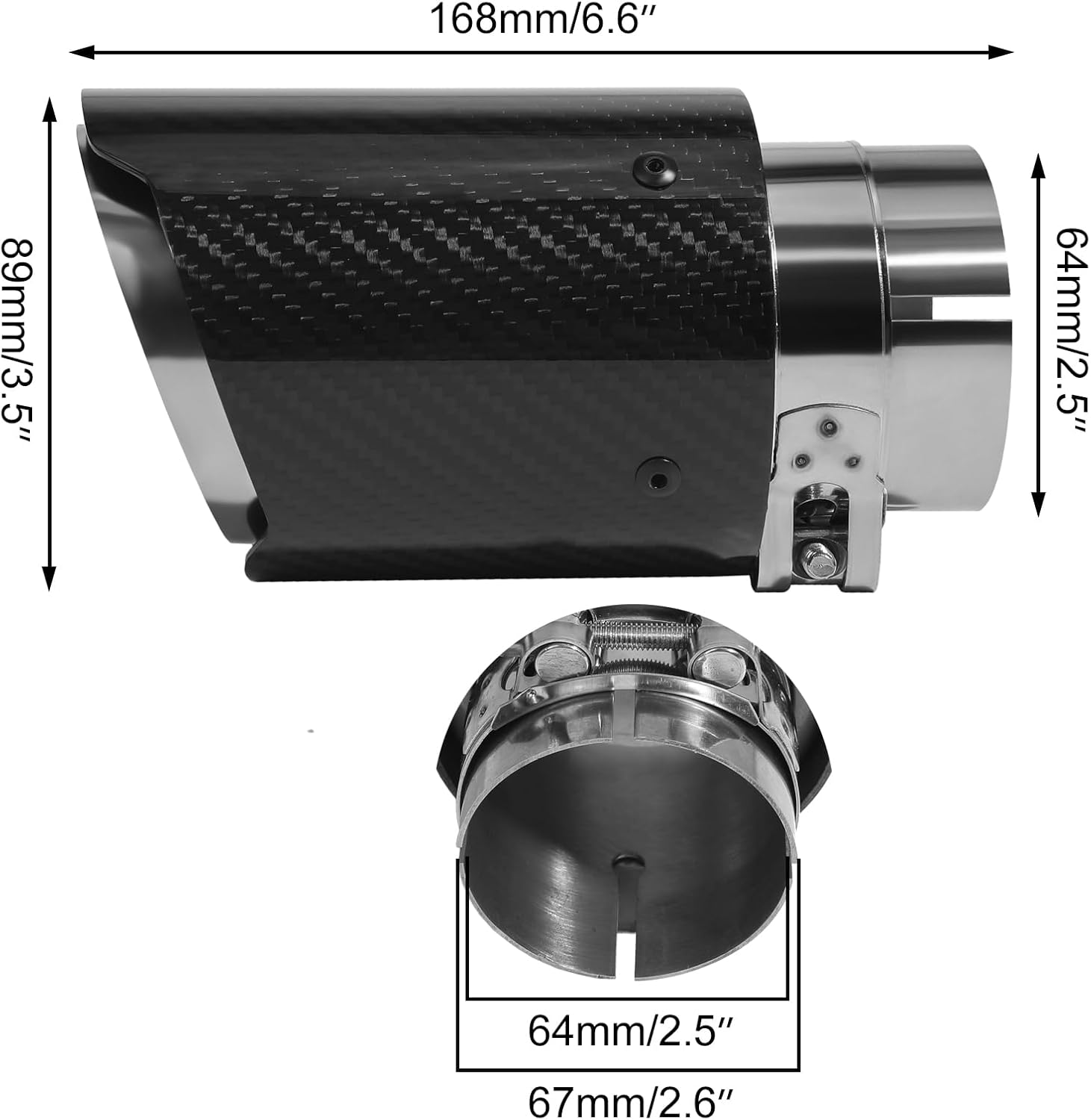 Exhaust Tips Muffler Stainless Steel & Carbon Fiber Car Exhaust End Pipe, Inlet 63mm (2.5") Outlet 89mm (3.5") (2PCS-Black Shiny Silver)