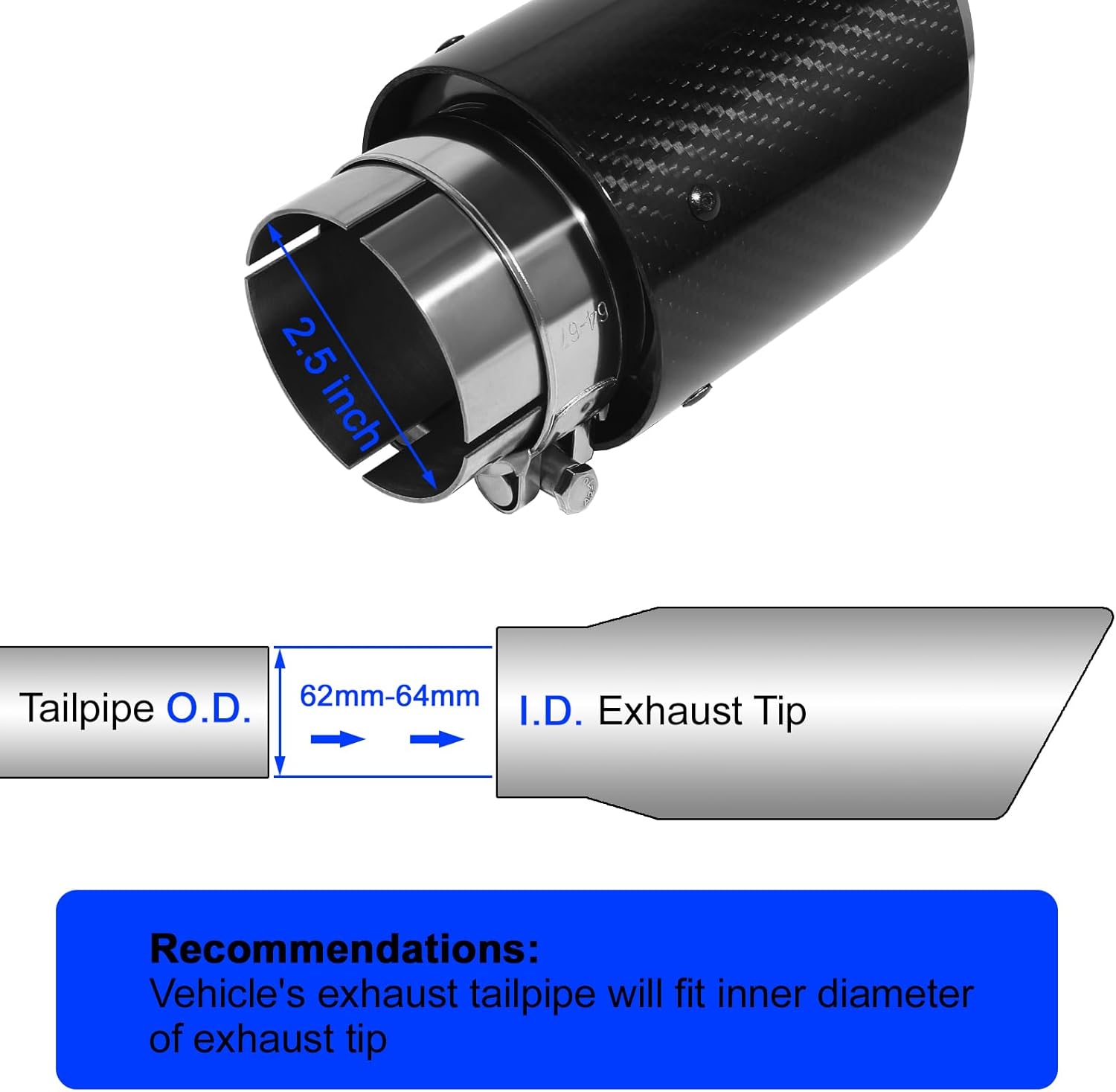 Exhaust Tips Muffler Stainless Steel & Carbon Fiber Car Exhaust End Pipe, Inlet 63mm (2.5") Outlet 89mm (3.5") (2PCS-Black Shiny Silver)