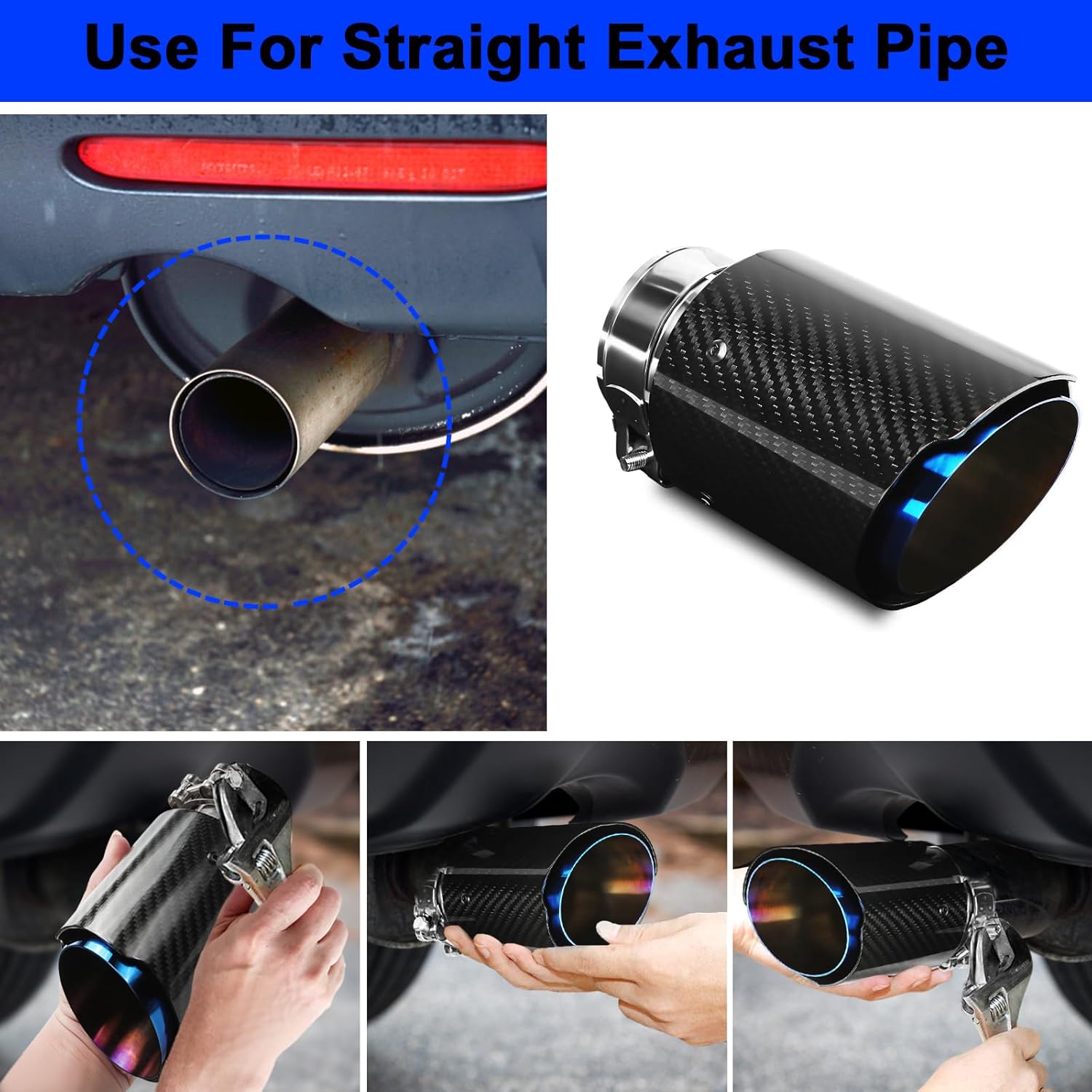 Exhaust Tips Muffler Stainless Steel and Carbon Fiber Glossy Automotive Exhaust End Pipe, Inlet 63mm (2.5") Outlet 89mm (3.5")