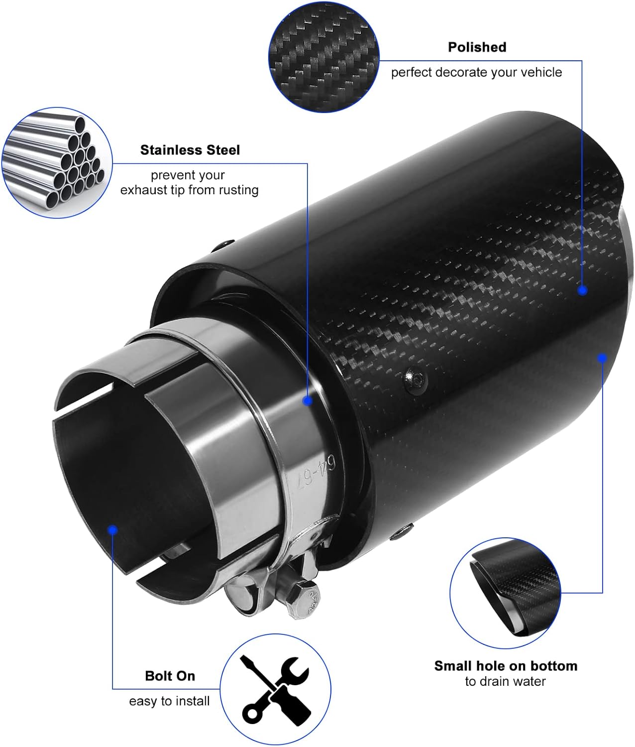 Exhaust Tips Muffler Stainless Steel & Carbon Fiber Car Exhaust End Pipe, Inlet 63mm (2.5") Outlet 89mm (3.5") (2PCS-Black Shiny Silver)
