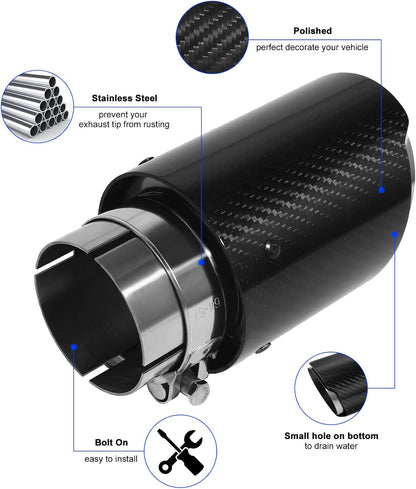 Exhaust Tips Muffler Stainless Steel & Carbon Fiber Car Exhaust End Pipe, Inlet 63mm (2.5") Outlet 89mm (3.5") (2PCS-Black Shiny Silver)