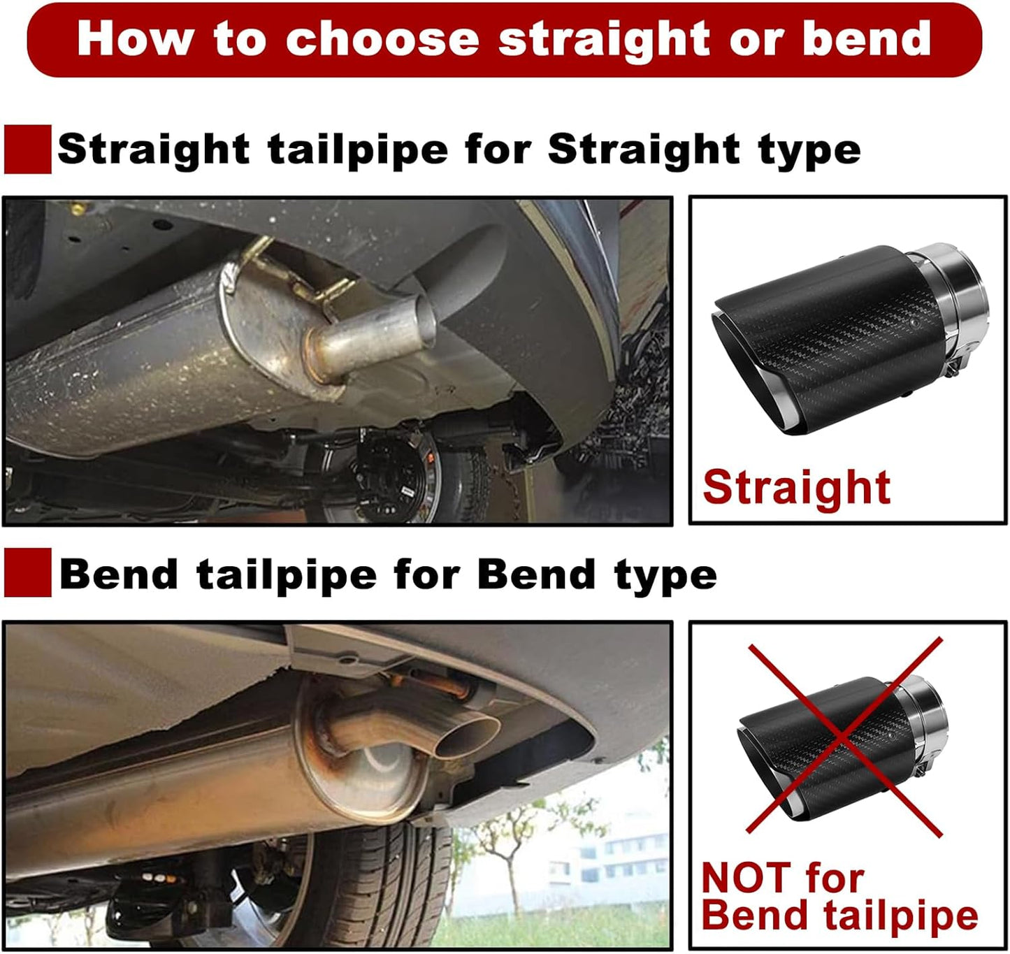 Exhaust Tips Muffler Stainless Steel & Carbon Fiber Car Exhaust End Pipe, Inlet 63mm (2.5") Outlet 89mm (3.5") (2PCS-Black Shiny Silver)