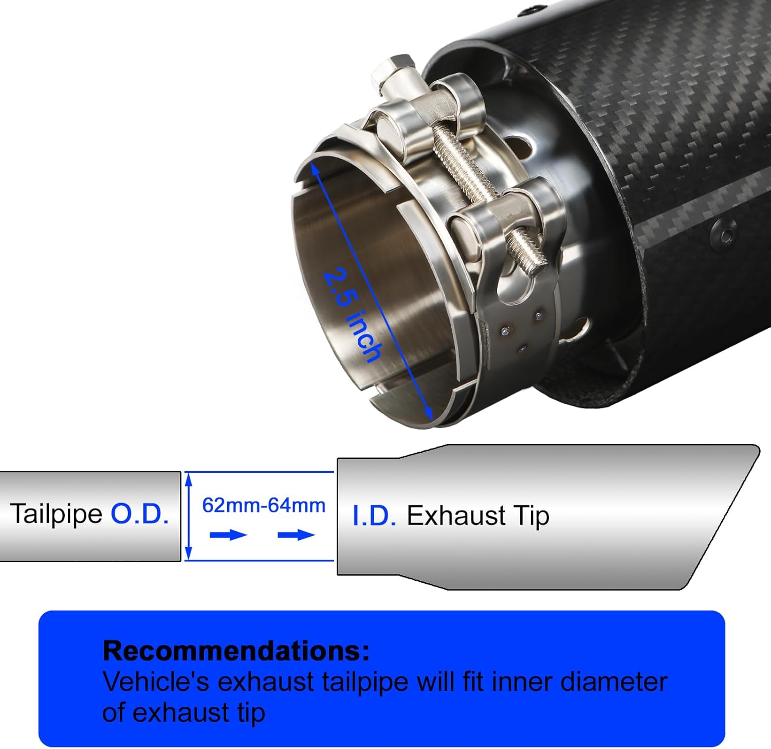 Exhaust Tips Muffler Stainless Steel and Carbon Fiber Glossy Automotive Exhaust End Pipe, Inlet 63mm (2.5") Outlet 89mm (3.5")