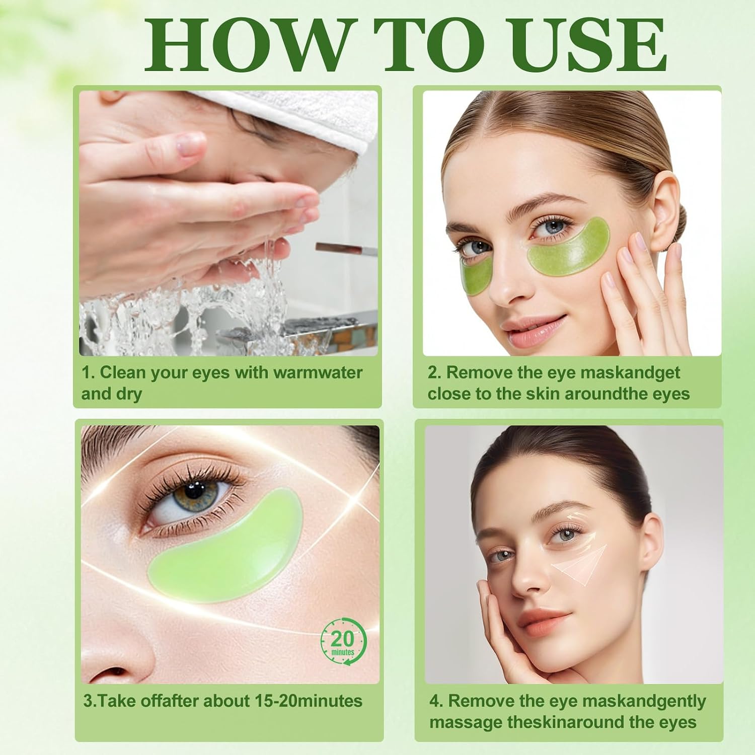 Eye Mask, Eye Mask Set to Hydrate and Brighten, Gel Patches, Helps Reduce the Appearance of Dark Circles and Bags, Moisturizing and Refreshing, For Men and Women, Green