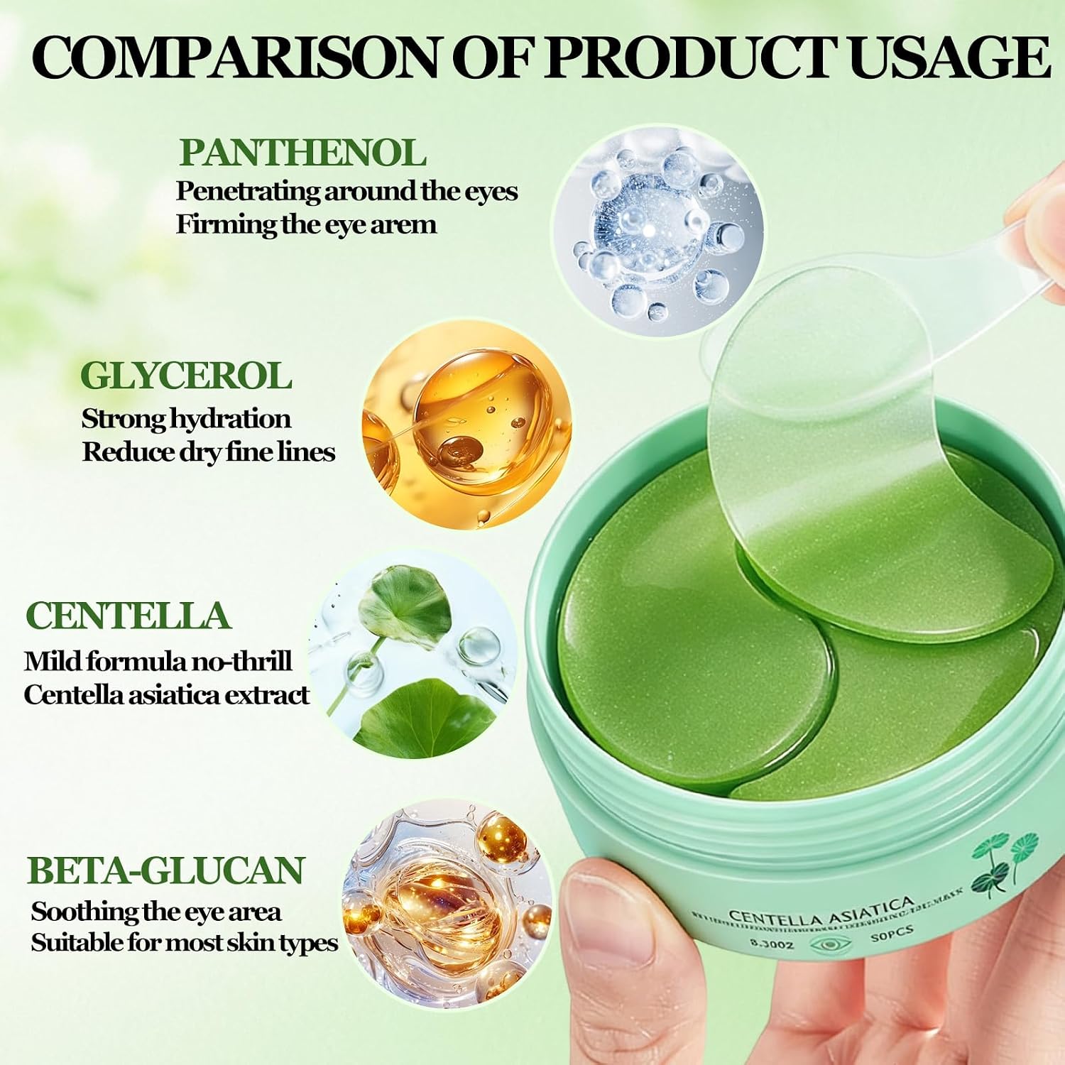 Eye Mask, Eye Mask Set to Hydrate and Brighten, Gel Patches, Helps Reduce the Appearance of Dark Circles and Bags, Moisturizing and Refreshing, For Men and Women, Green