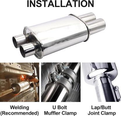 Exhaust Muffler 2.5 Inch (63 mm) Dual Inlet/3 Inch (73MM) Dual Outlet Car Muffler 20.9 Inch (530MM) Full Length Stainless Steel Silver