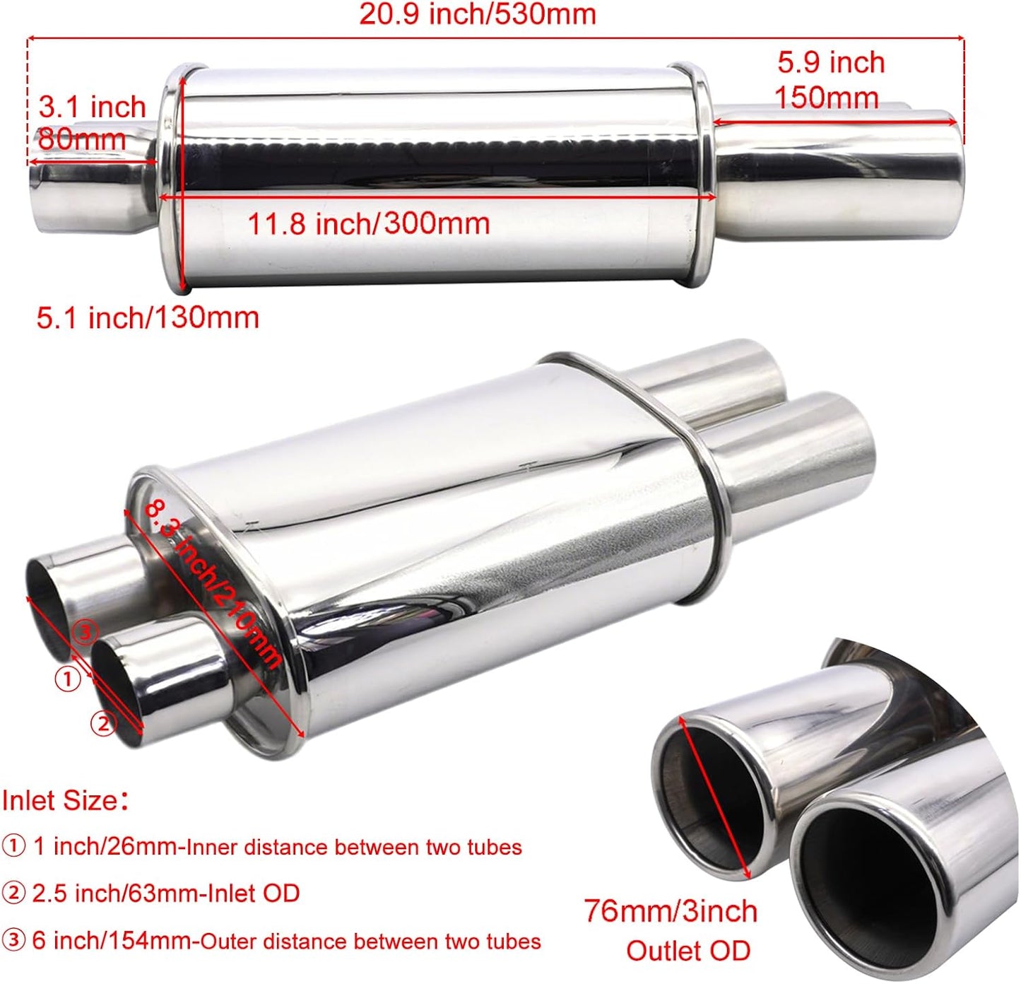 Exhaust Muffler 2.5 Inch (63 mm) Dual Inlet/3 Inch (73MM) Dual Outlet Car Muffler 20.9 Inch (530MM) Full Length Stainless Steel Silver