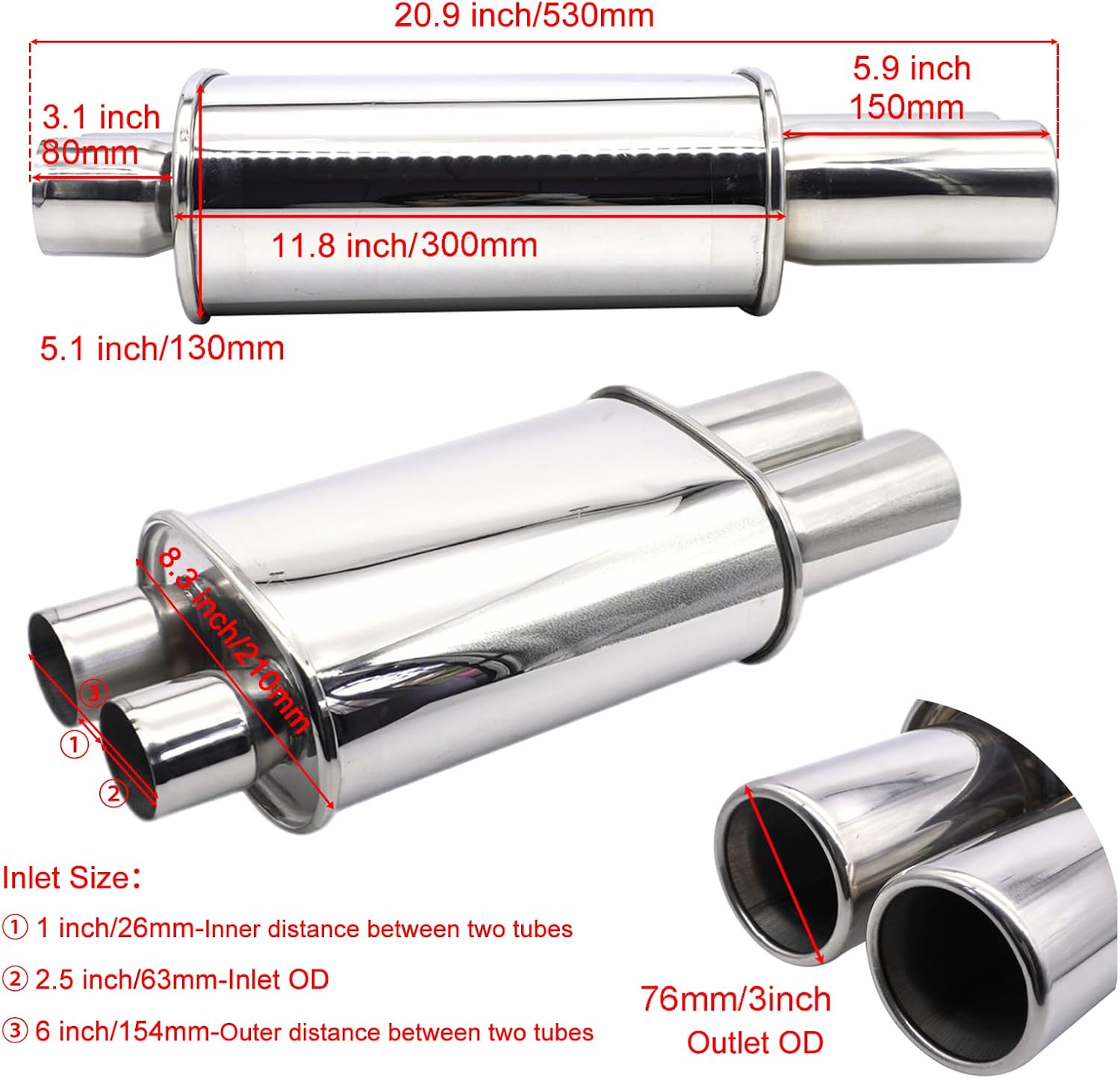 Exhaust Muffler 2.5 Inch (63 mm) Dual Inlet/3 Inch (73MM) Dual Outlet Car Muffler 20.9 Inch (530MM) Full Length Stainless Steel Silver