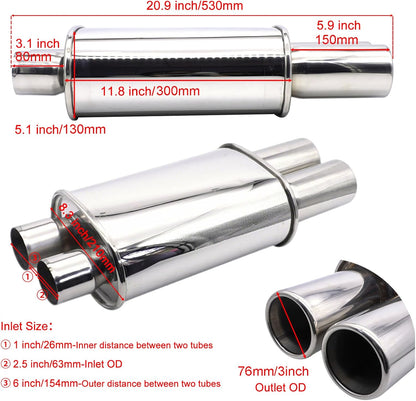Exhaust Muffler 2.5 Inch (63 mm) Dual Inlet/3 Inch (73MM) Dual Outlet Car Muffler 20.9 Inch (530MM) Full Length Stainless Steel Silver