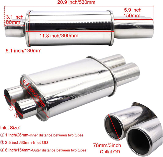 Exhaust Muffler 2.5 Inch (63 mm) Dual Inlet/3 Inch (73MM) Dual Outlet Car Muffler 20.9 Inch (530MM) Full Length Stainless Steel Silver