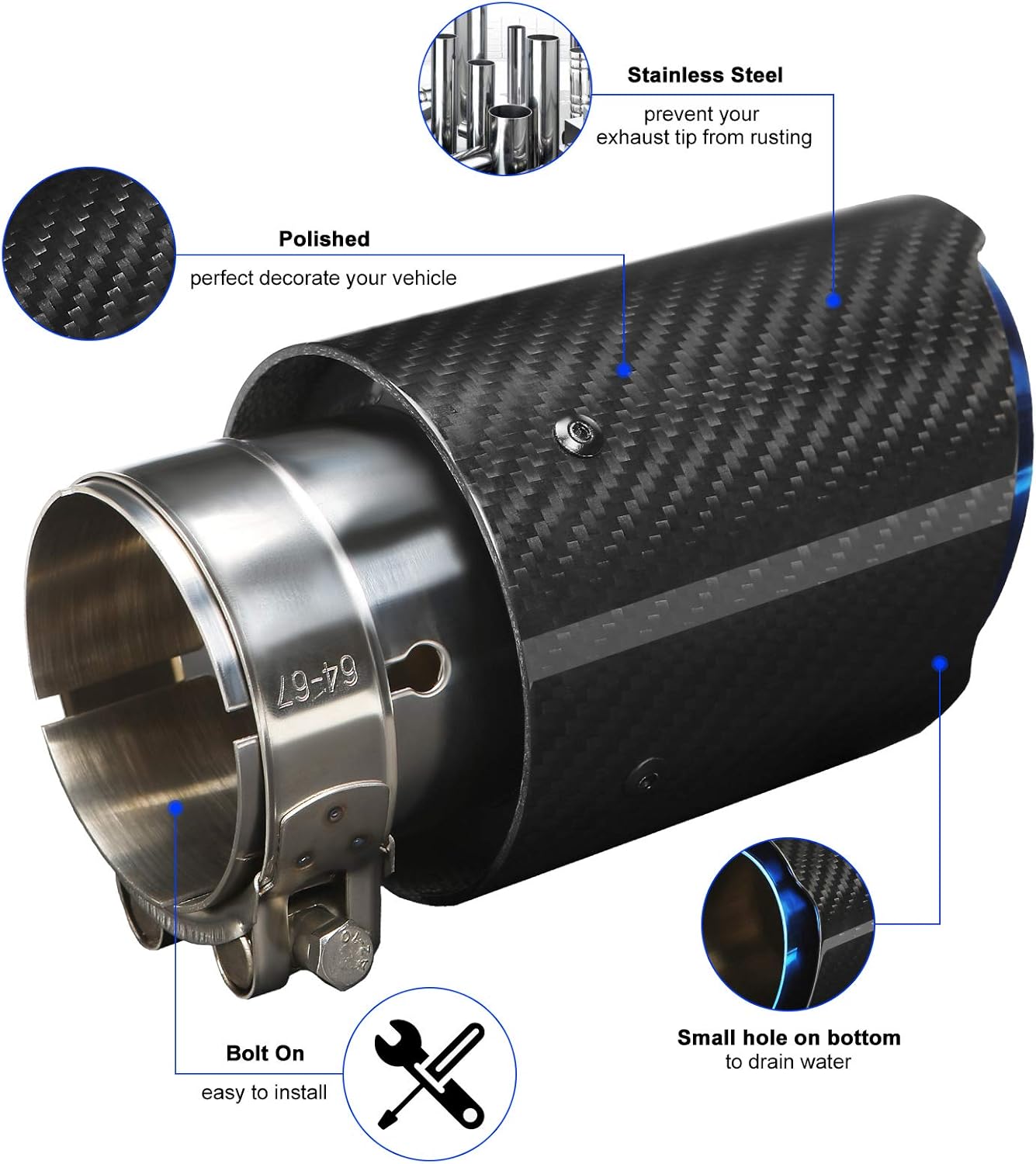 Exhaust Tips Muffler Stainless Steel and Carbon Fiber Glossy Automotive Exhaust End Pipe, Inlet 63mm (2.5") Outlet 89mm (3.5")