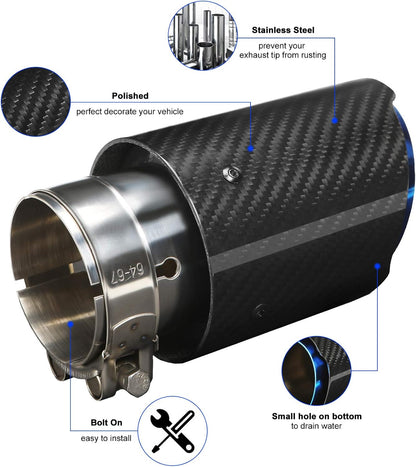 Exhaust Tips Muffler Stainless Steel and Carbon Fiber Glossy Automotive Exhaust End Pipe, Inlet 63mm (2.5") Outlet 89mm (3.5")