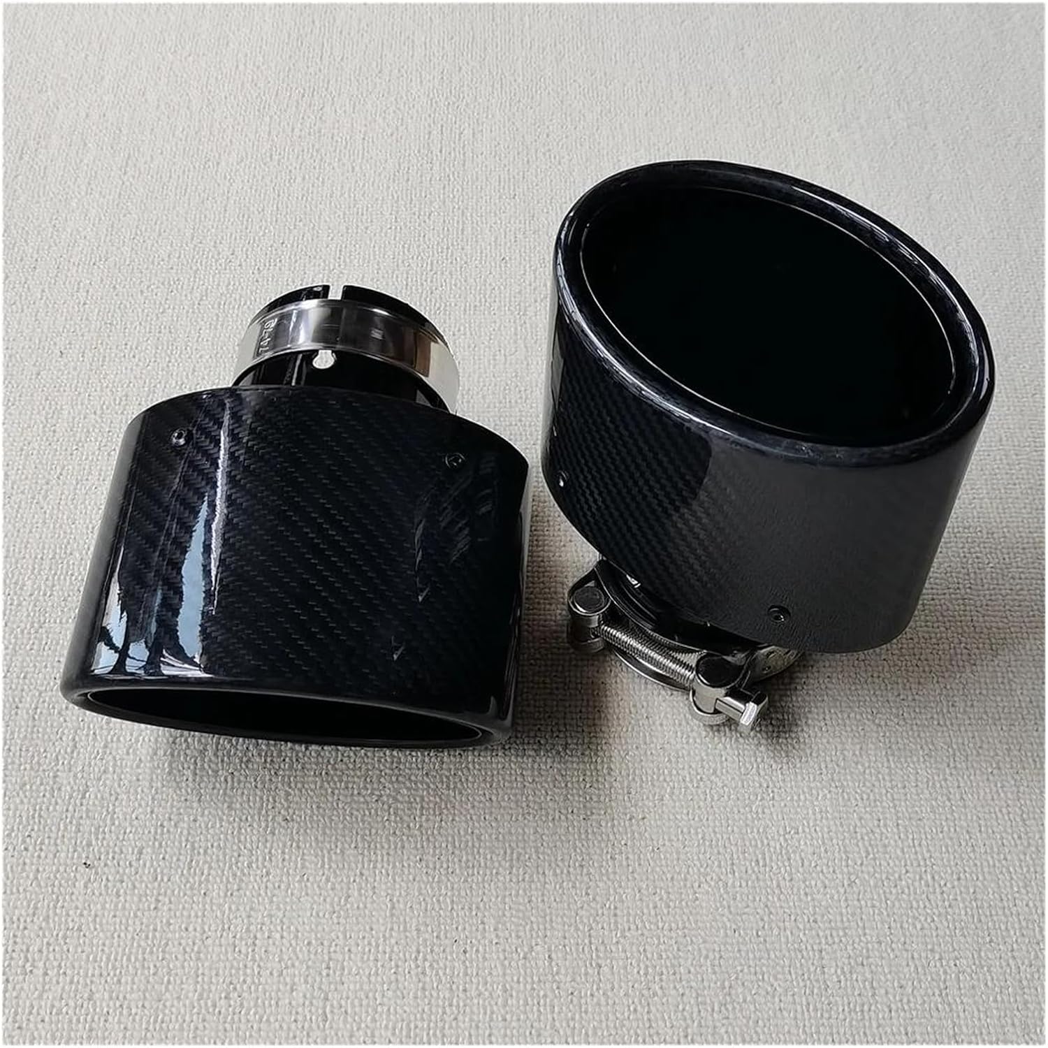 Tubo de Escape del Coche 1 Boquilla De Escape Rizada Fibra Carbono Brillante Ovalada Universal Acero Inoxidable Negro Para Coche(ID 70MM-OD 130MM)